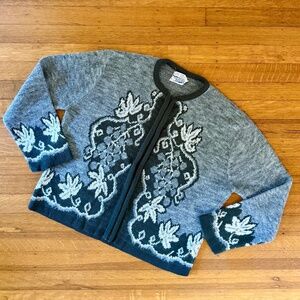 Vintage 40s 50s Cardigan Sweater by Whittier, Zip Up, Grey Green Filigree Orlon